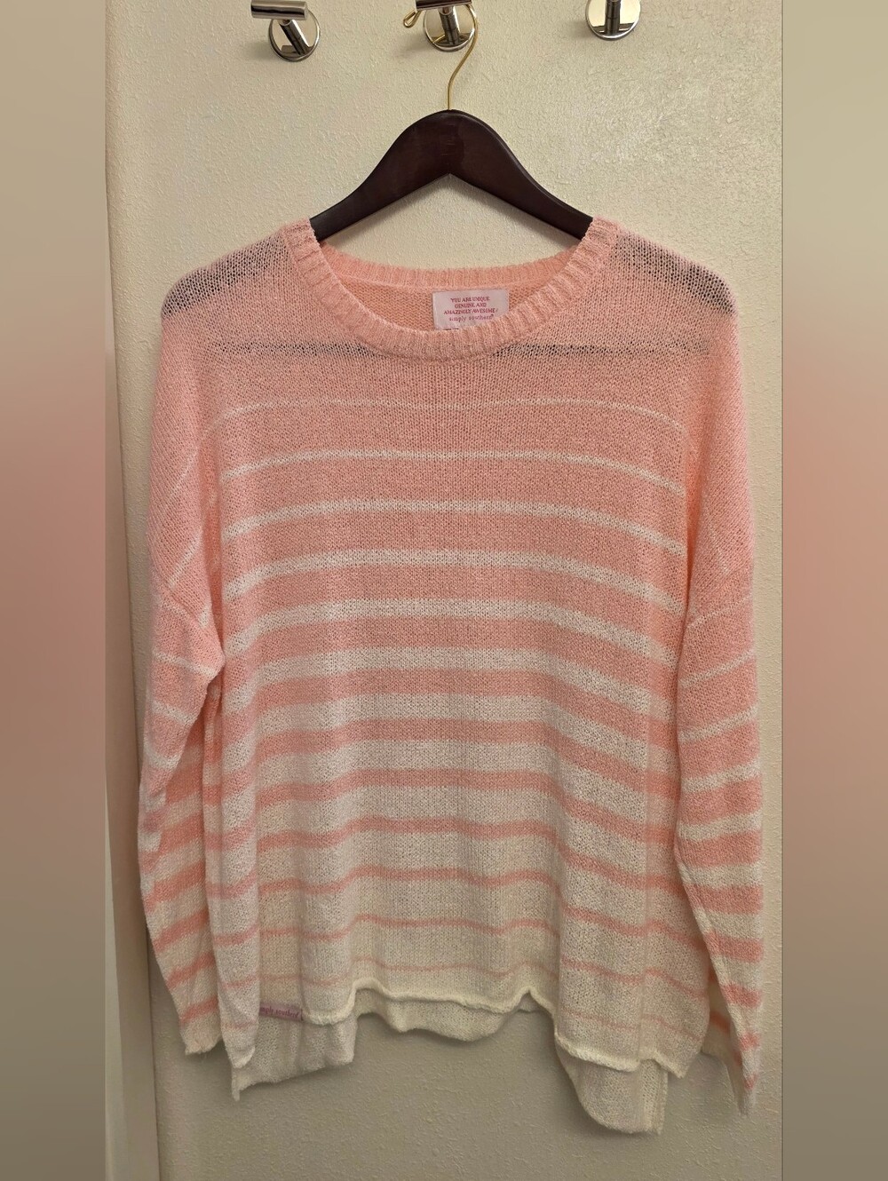 Simply Southern Pink and Cream Striped Crewneck Sweater L